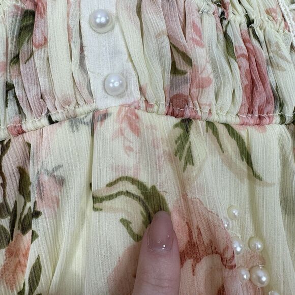 ASOS Design Womens Dress 4 Yellow Pearl Embellished Floral Tiered Fairy Boho - Picture 3 of 16